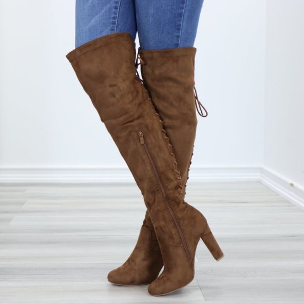 Suede Over The Knee Heeled Boots With Lace Up Back - Picture 4 of 13